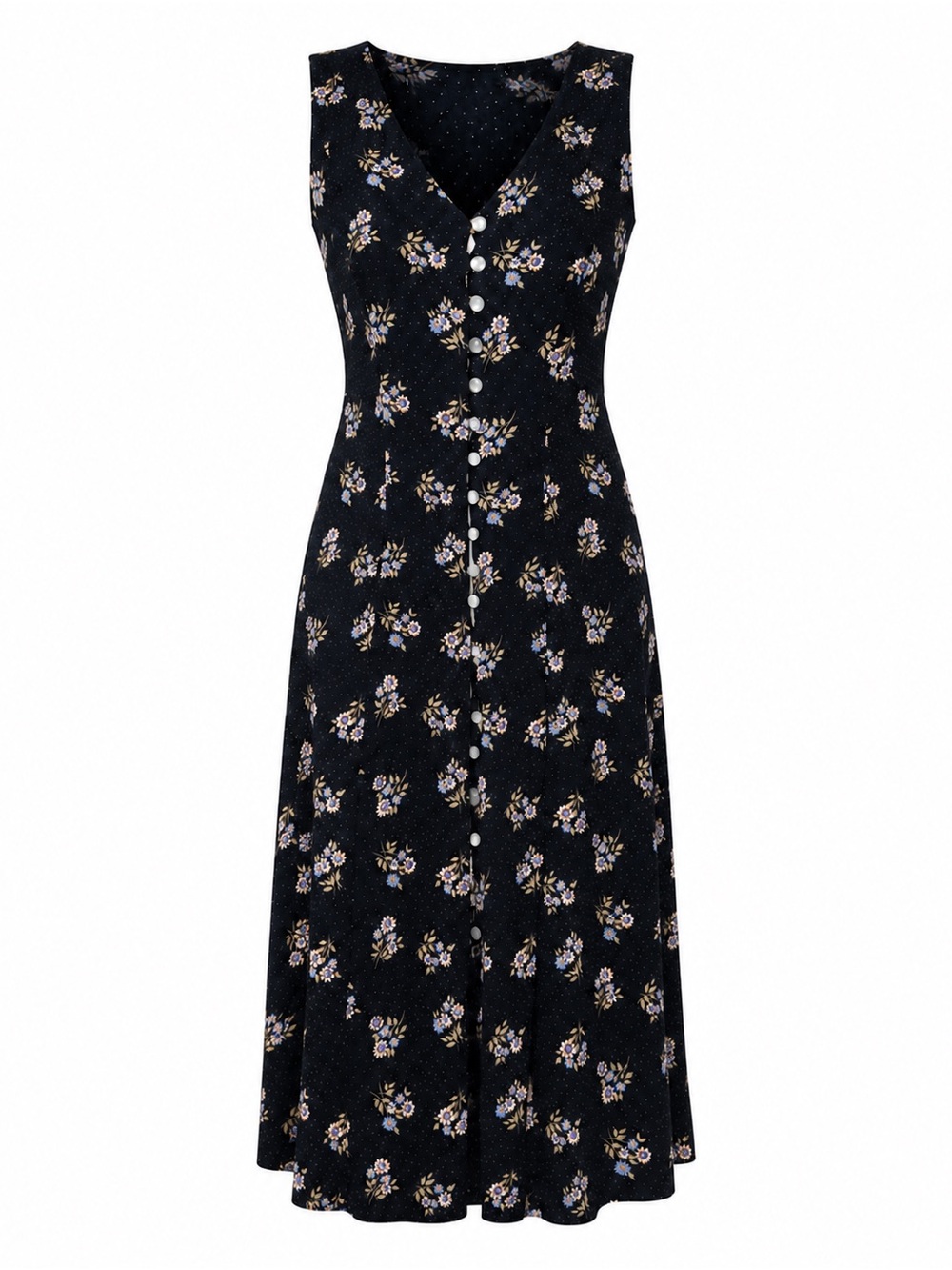 Vintage Sleeveless Black Floral V-Neck Maxi Dress - Picture 2 of 3
